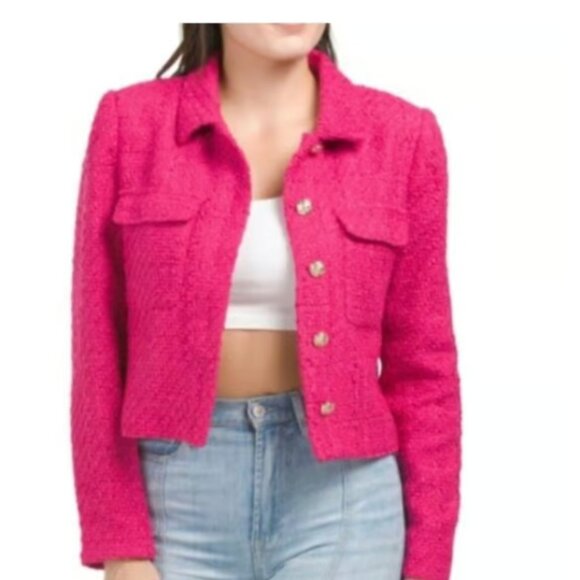 NWT  Rachel Zoe cropped tweed blazer Pink Gold Button - Picture 2 of 6